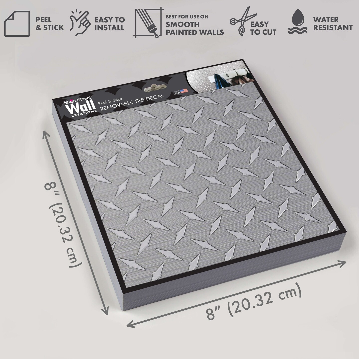 8 in x 8 in Diamond Plate Metallic Foil Peel and Stick Paper Tile Backsplash (24-Pack)