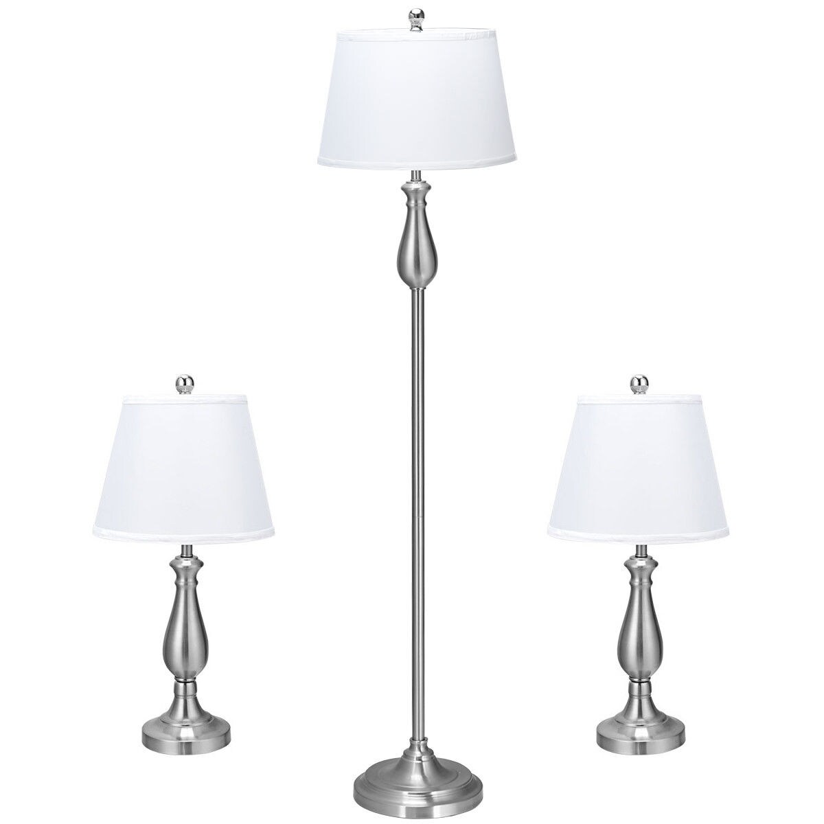3-Piece Lamp Set 2 Table Lamps 1 Floor Lamp Brushed Nickel Modern Home Bedroom