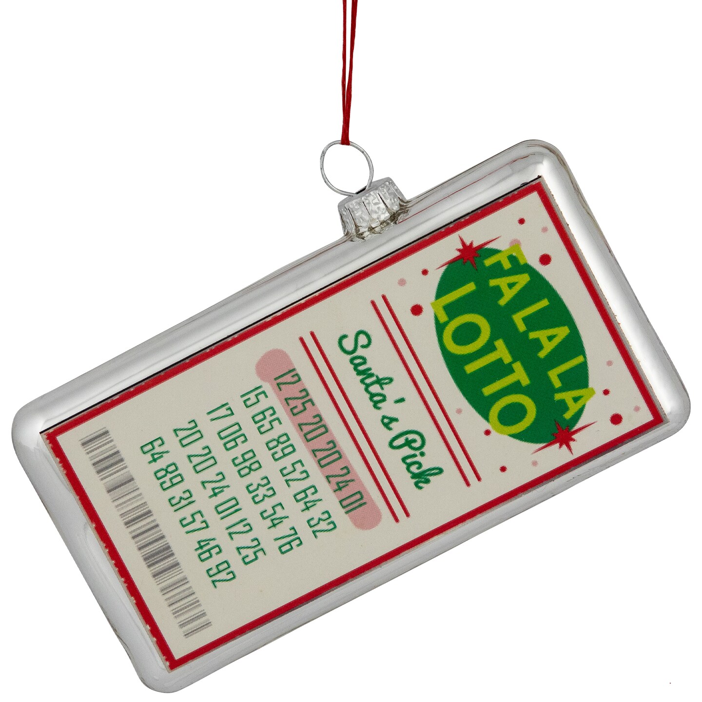 Northlight Glass &#x22;Fa La La Lotto Santa&#x27;s Pick&#x22; Hanging Christmas Ornament - 4.25&#x22; - Silver