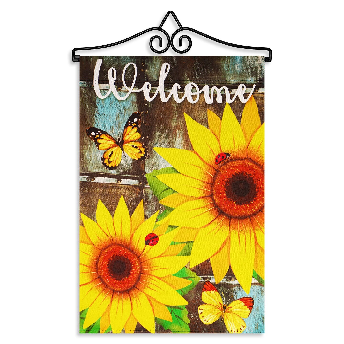 G128 Combo Pack Garden Flag Hanger 14IN & Garden Flag Welcome Sunflowers and Butterflies 12x18IN Printed Double Sided Blockout Fabric