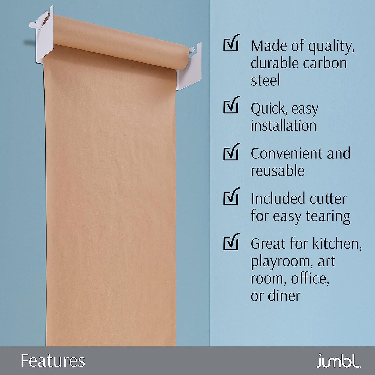 Jumbl Wall Mounted Kraft Paper Dispenser, Hanging Craft Paper Roll Holder with Paper Cutter (White)