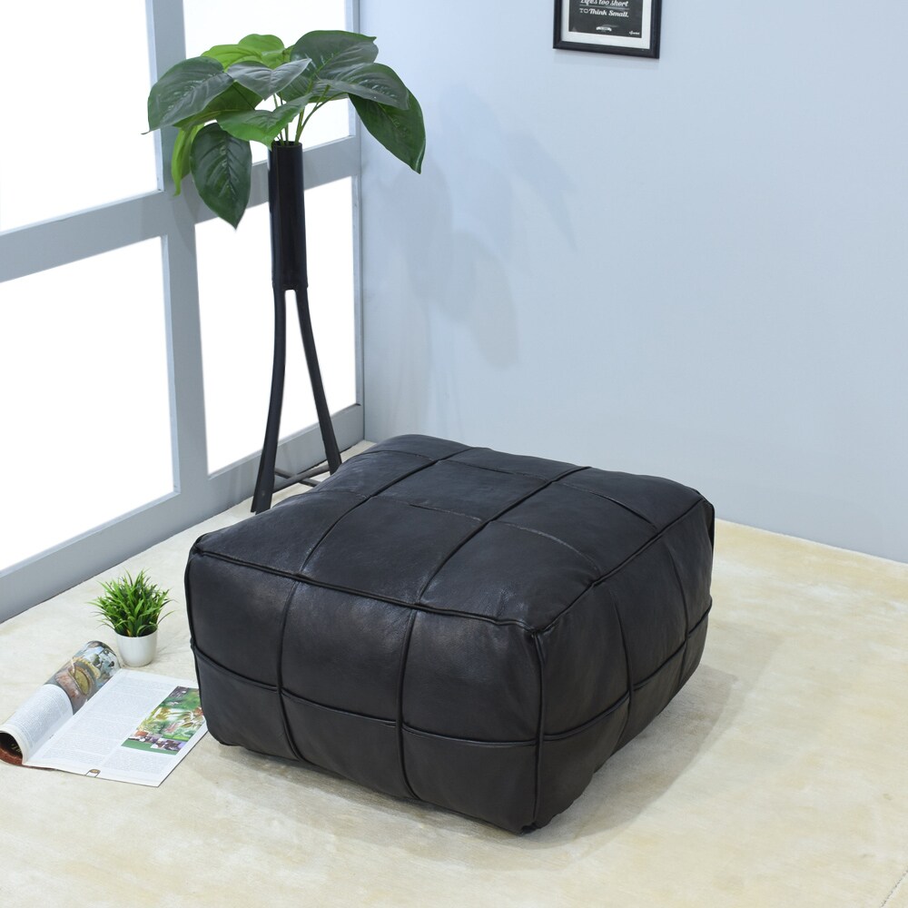 Bbh Homes Black Leather Pouf Ottoman Square Shape Model Bbbacpf0022