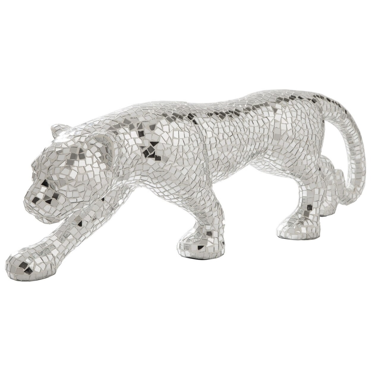 Saltoro Sherpi Mirrored Standing Panther with Glass Mosaic Pattern, Silver-