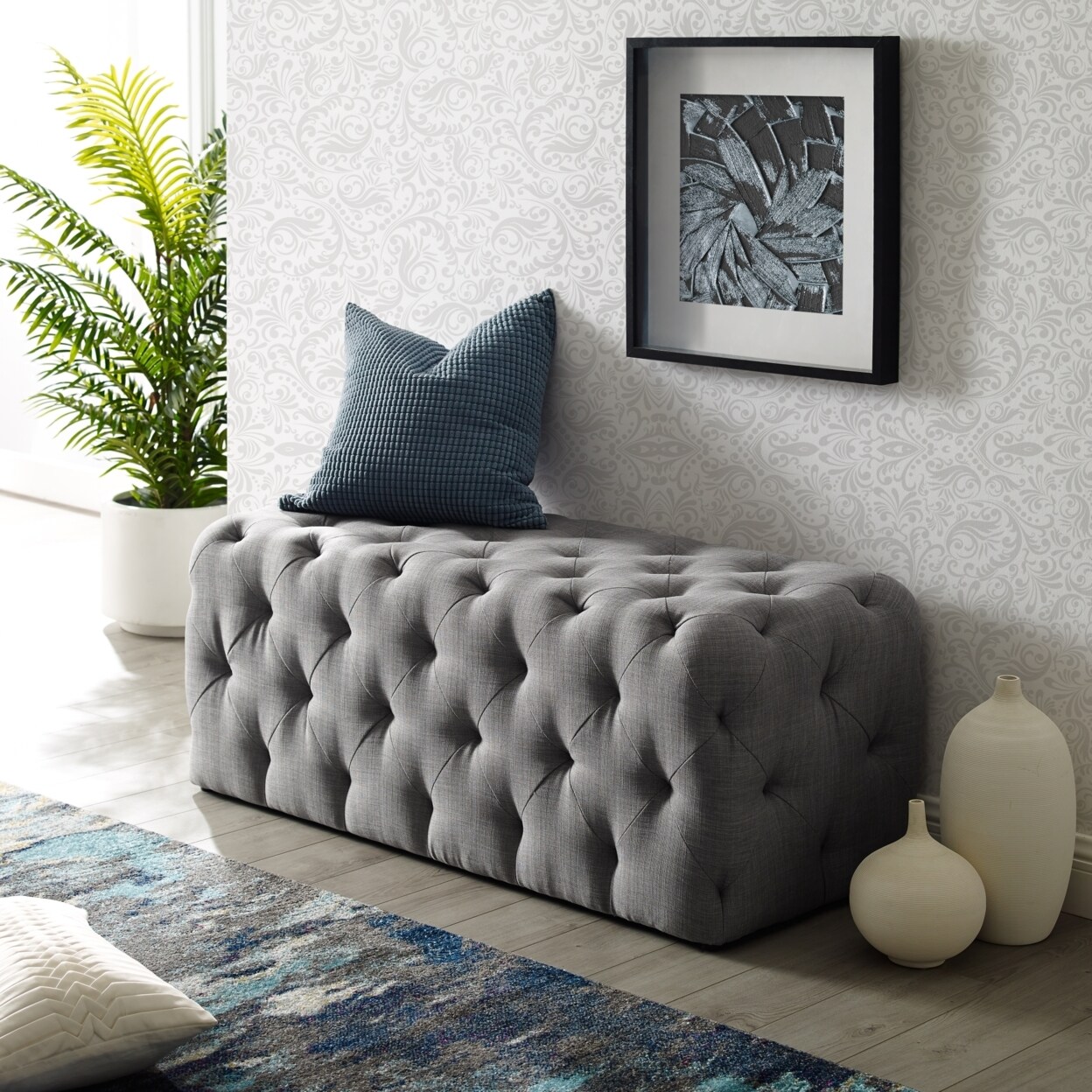 Inspired Home Adrianna Velvet or Linen Bench-Allover Tufted-Modern and Functional by