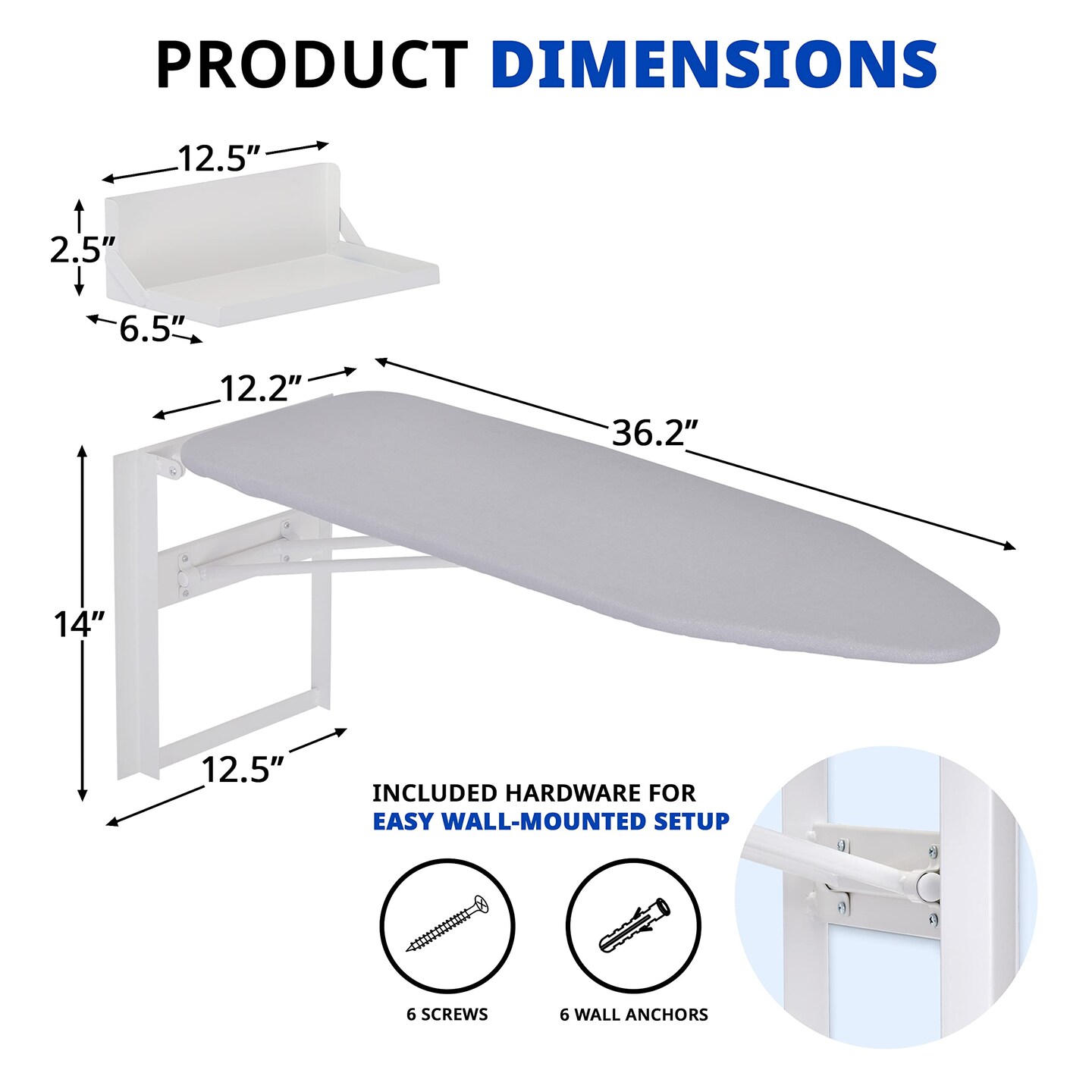 Ivation Foldable Ironing Board, Down Folding Wall-Mount with Shelf