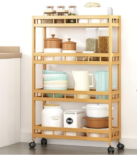 DailyNec 4-Tier Bamboo Kitchen Rolling Cart Removable Wood Trolley Island Cart, Utility Cart Multi-Layer Storage Shelf Rack with Wheels