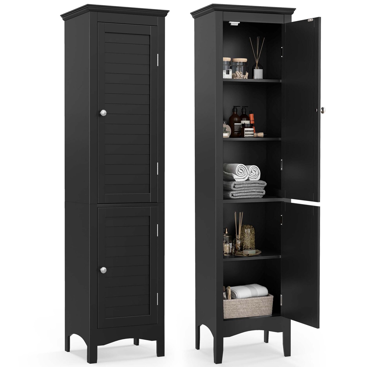 Costway Tall Bathroom Floor Cabinet Narrow Linen Tower with 2 Doors & Adjustable Shelf Black/Coffee/Grey