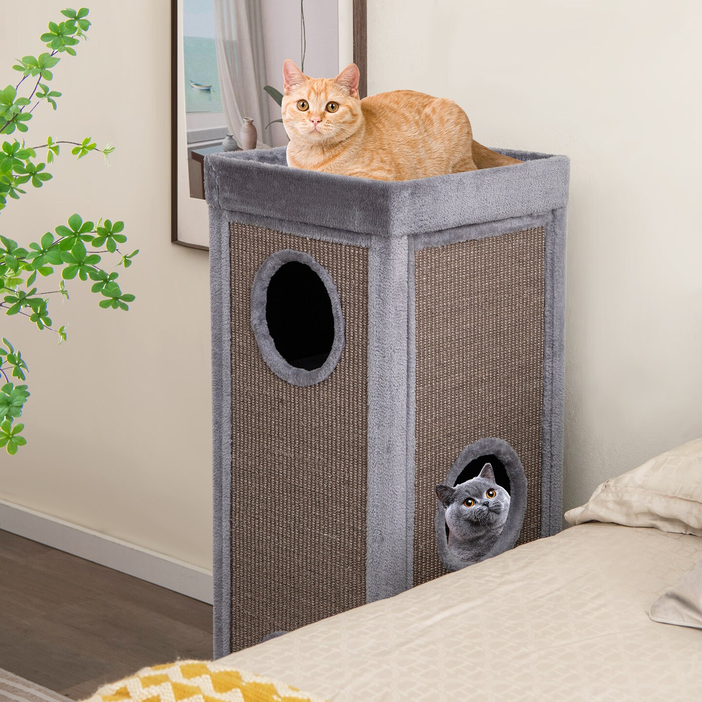 Costway 4-Story Cat House 39'' Cat Condo with Scratching Posts & 4 Soft Plush Cushions Gray/Natural