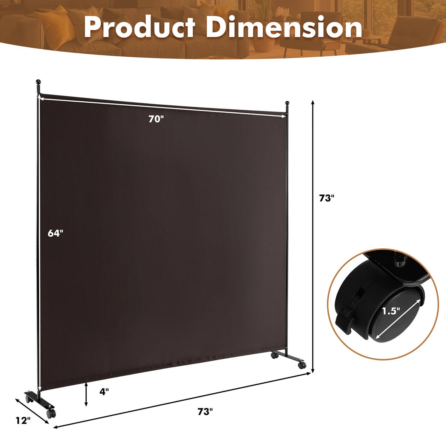 Costway 6FT Single Panel Room Divider with Wheels Rolling Fabric Partition Privacy Screen