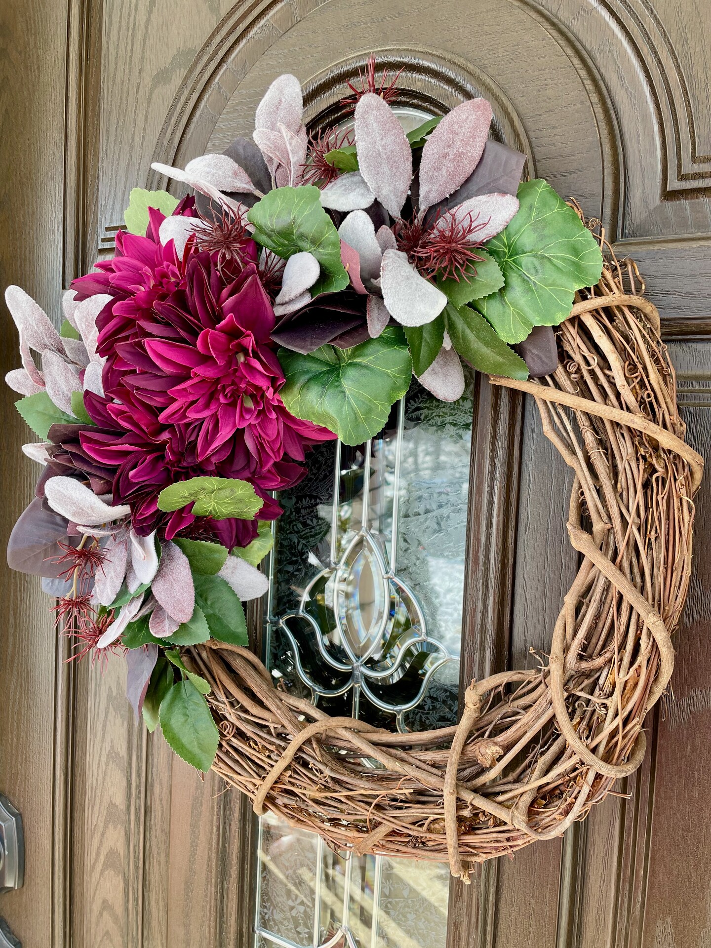 Personalized grapevine wreath for front door, deals dahlia and roses wreath, monogram wreath, initial wreaths front door