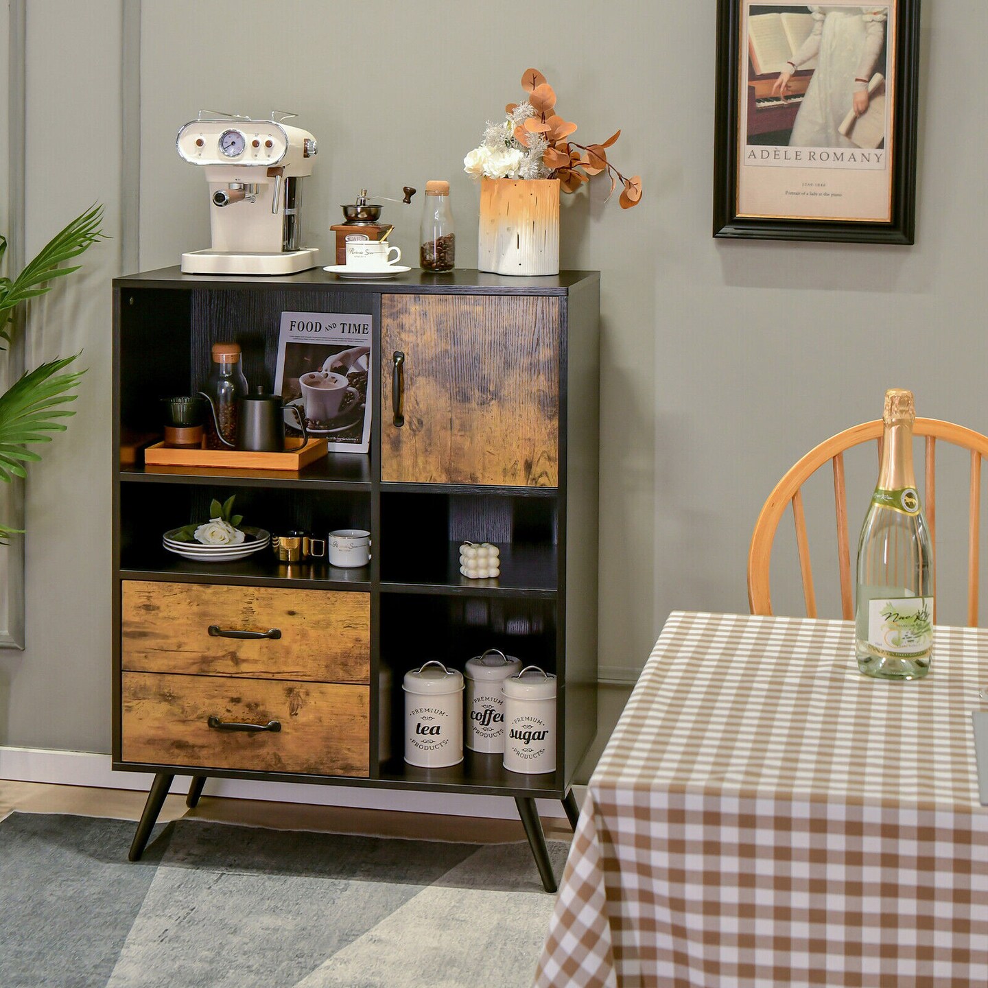 Industrial Sideboard Cabinet with Drawer Storage and Open Compartments Brown Black