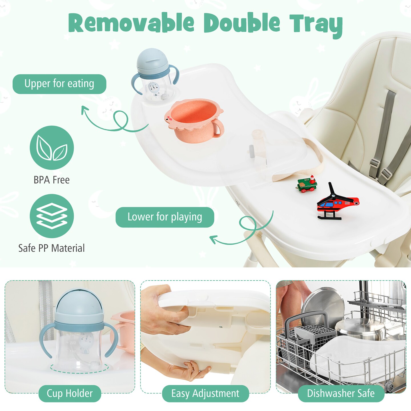 Babyjoy Foldable Highchair Baby Feeding Chair with 360° Rotating Wheels & Height Adjustment Grey/Beige/Pink