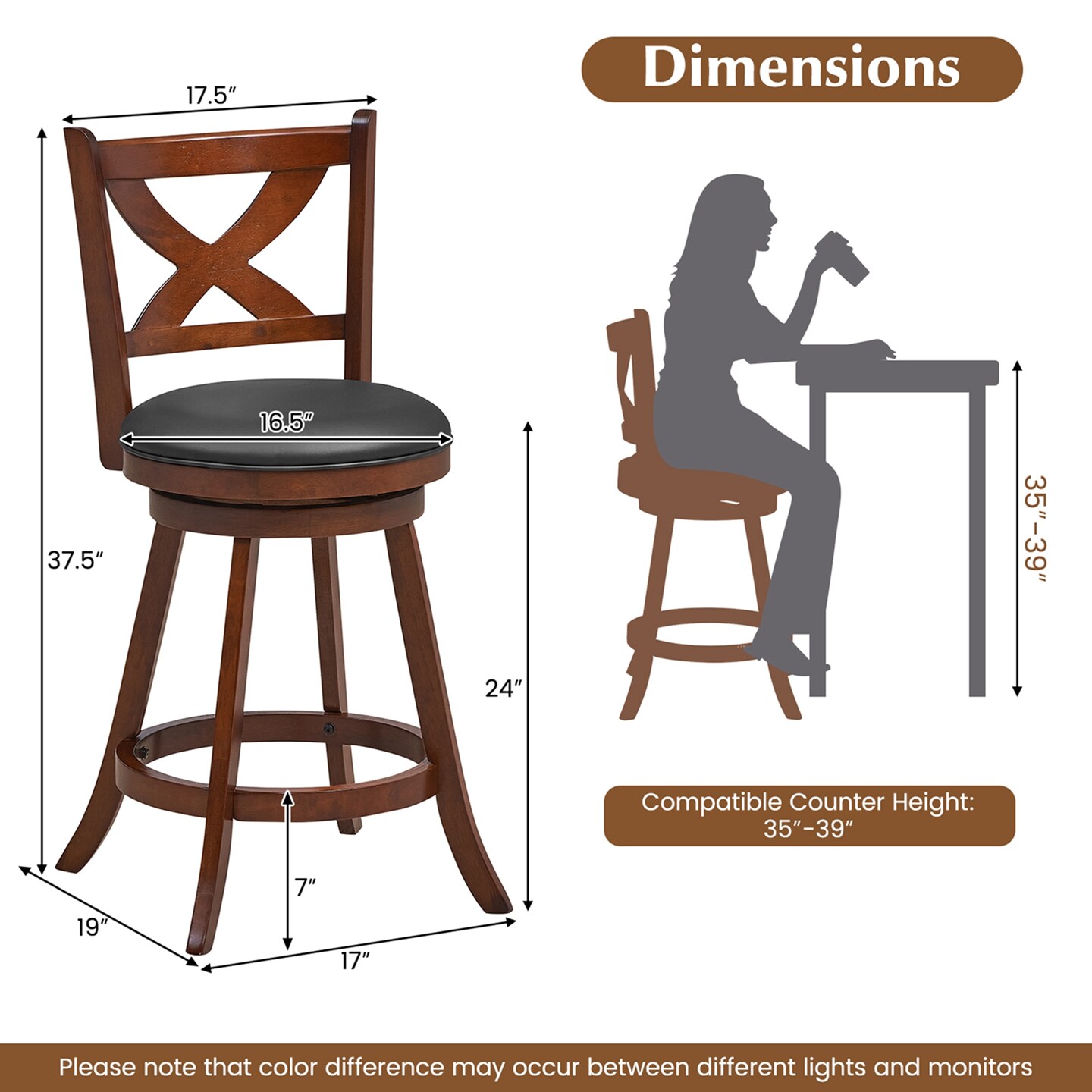 Costway Set of 2 Bar Stools  Classic Counter Height Swivel Chairs for Kitchen Pub