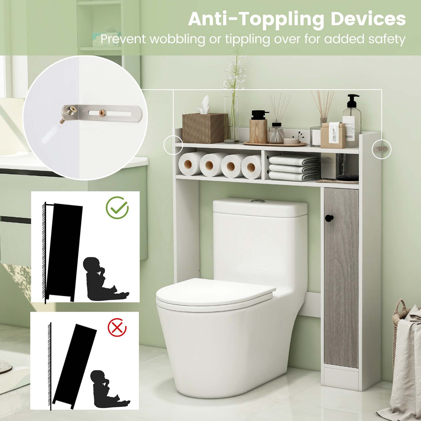 Costway Over the Toilet Bathroom Cabinet Floor Storage Organizer with Adjustable Shelves Black/White