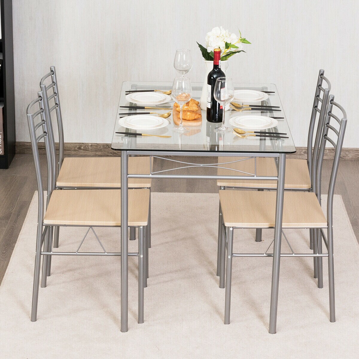 5 Pieces Dining Set Glass Table and 4 Chairs with Shelf Below The Top