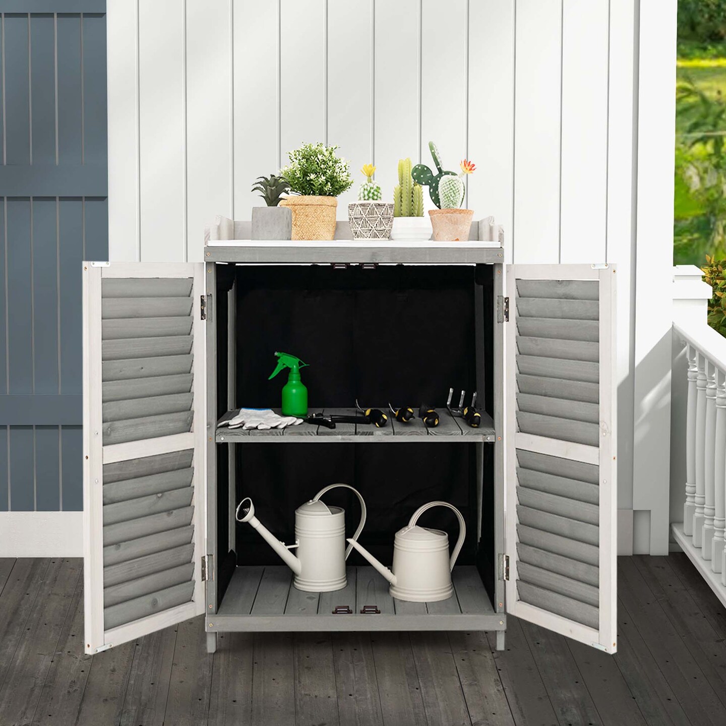 Costway Outdoor Potting Bench Table, Garden Storage Cabinet with Metal Tabletop