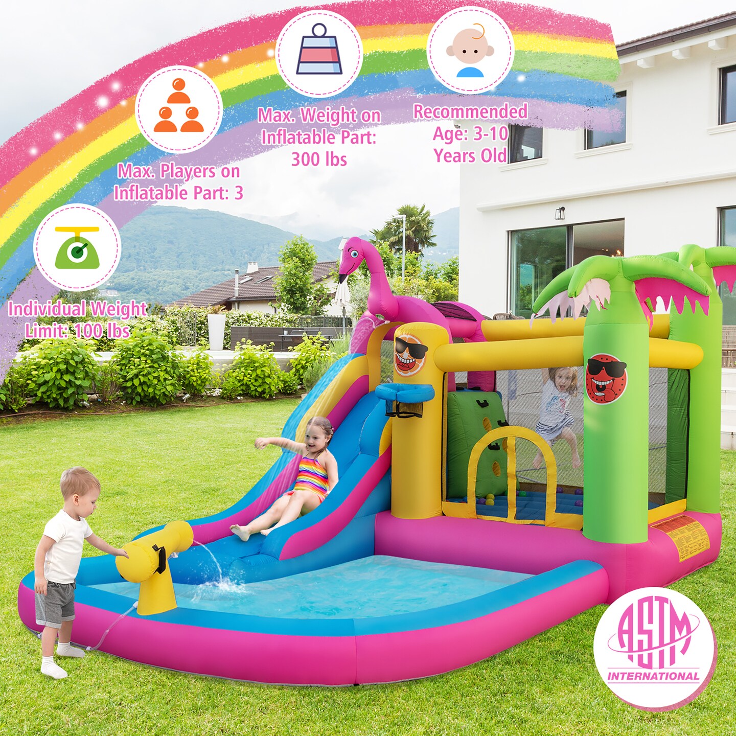 Costway Tropical Inflatable Bounce Castle for Backyard, Ocean Ball & 735W Blower Include