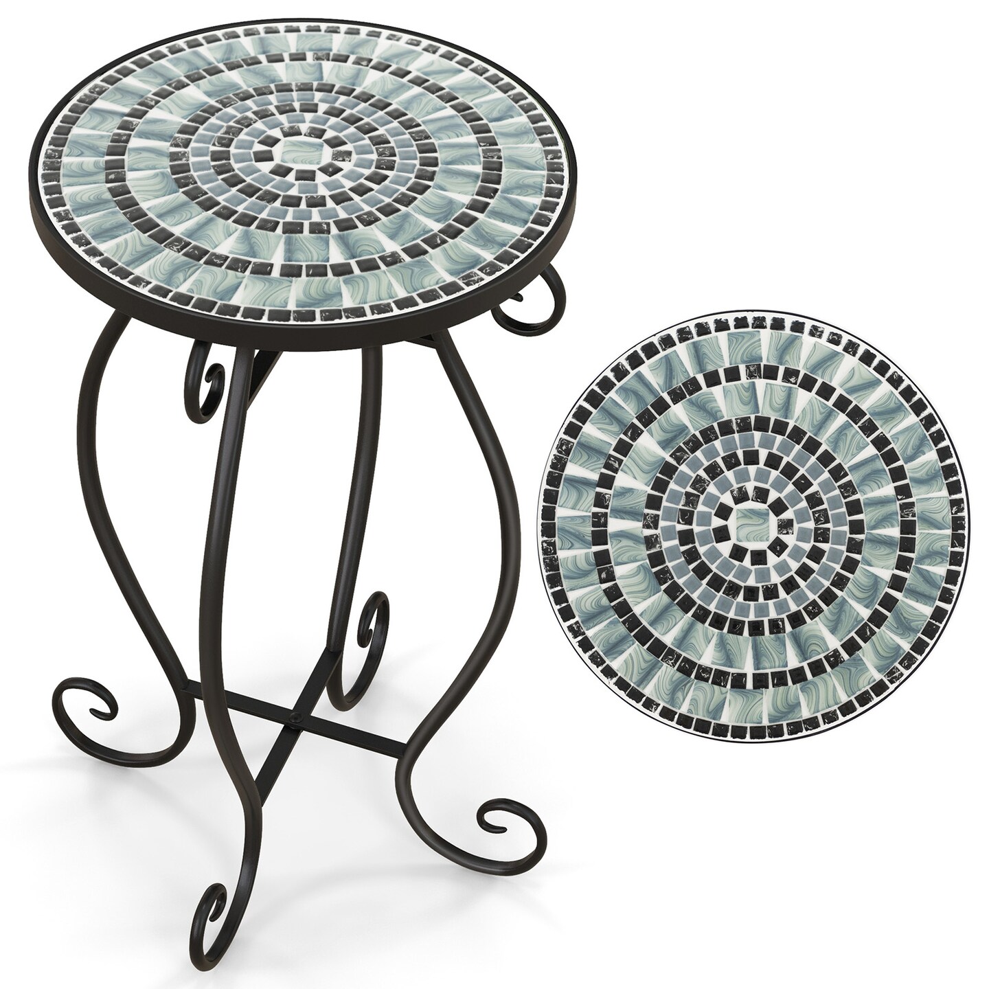 Multi-Purpose Small Plant Stand with Round Ceramic Tile Tabletop and Metal Legs