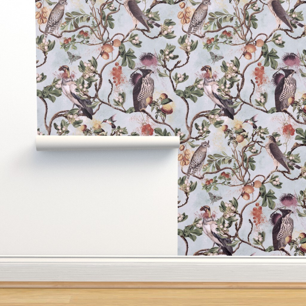 Vintage Birds Watercolor Chinoiserie Antiqued Of Prey Blue Green Gray Botanical Custom Pre-pasted Wallpaper by Spoonflower Pre-Pasted Wallpaper 2FT Wide