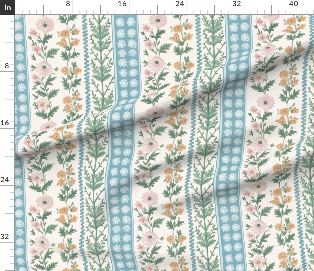 Floral Stripes Pink Green Blue Botanical Flowers Custom Printed Fabric by Spoonflower Various Fabrics by the Yard or Fat Quarter