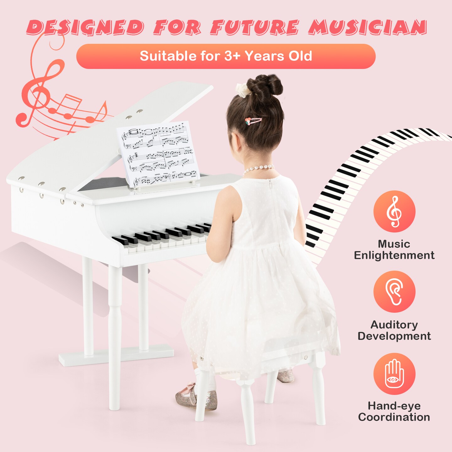 MDF and Birch Kids Classical Piano with Bench, Music Stand and Safe Design