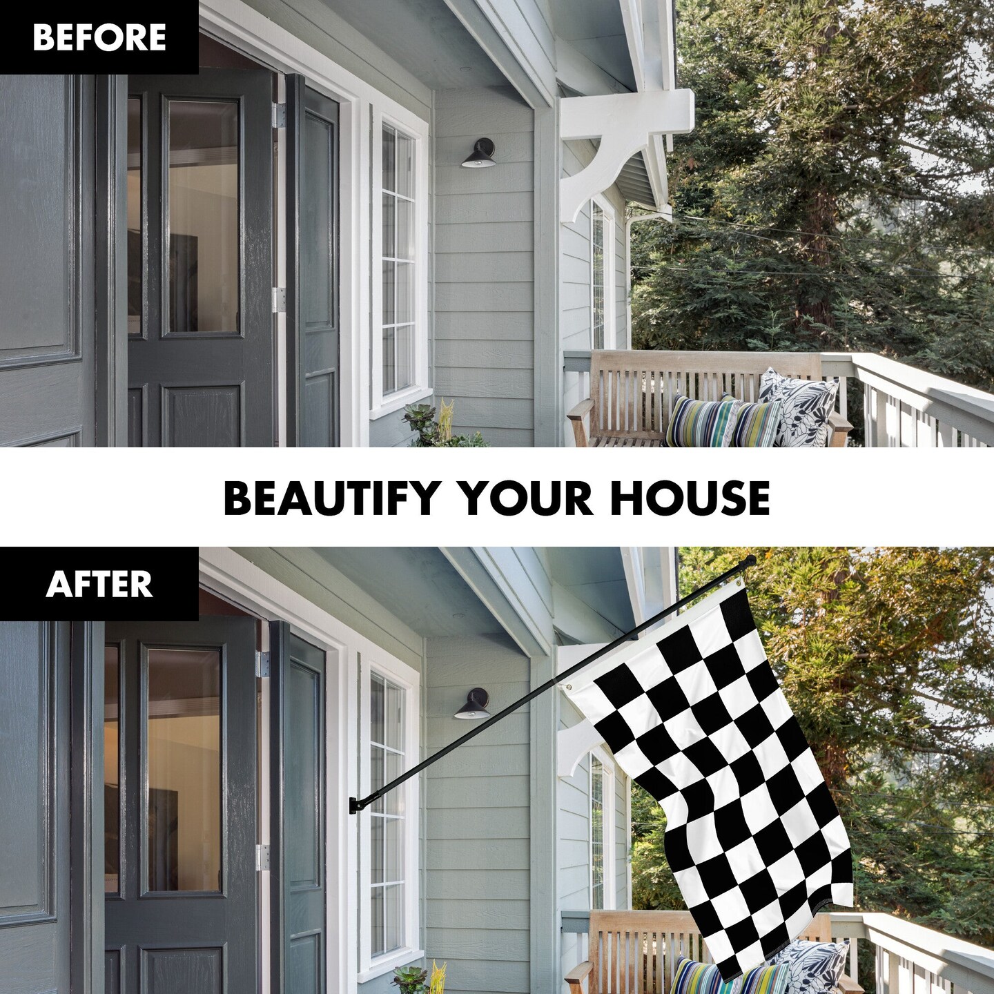 G128 Combo Pack: 6 Ft Tangle Free Spinning Flagpole (Black) & Checkered Flag Flag 3x5 Ft Printed 150D Polyester, Brass Grommets (Flag Included) Aluminum Flag Pole