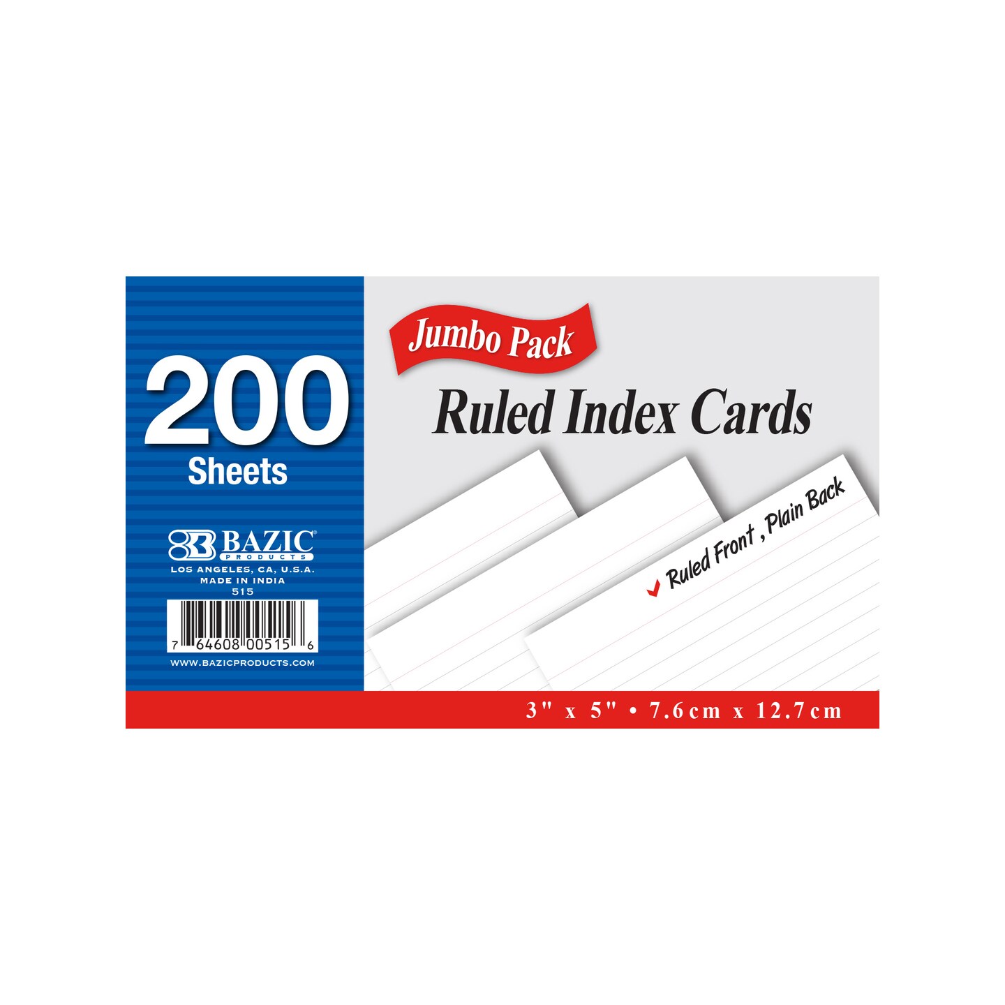 BAZIC Ruled White Index Card 3&#x22; X 5&#x22; 200 Ct.