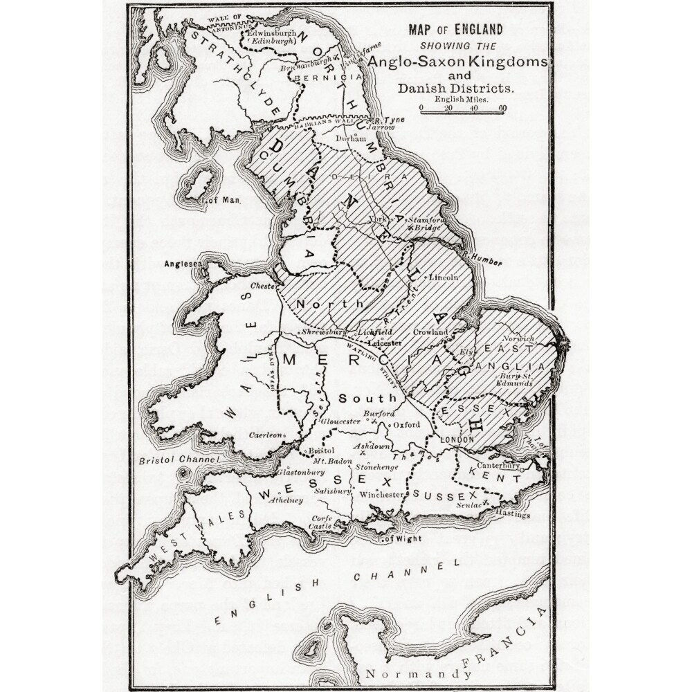Map Of England Showing The Anglo-Saxon Kingdoms And Danish Districts In The First Century. From Cassells History Of
