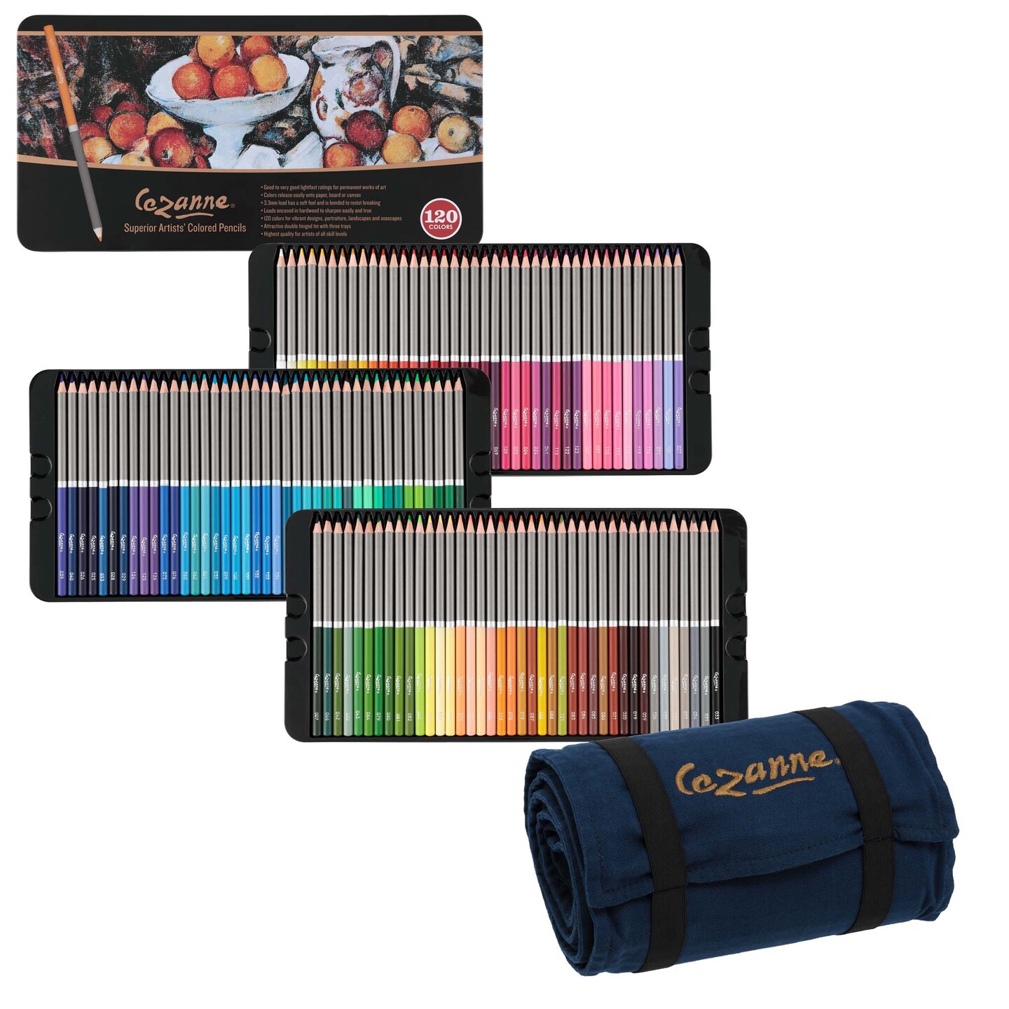 Cezanne Sets of Professional Colored Pencils with Canvas Roll-Up Case - Premium, High Pigment Colored Pencils, 3.3mm Diameter Lead and Storage Case with Zipper Pouch
