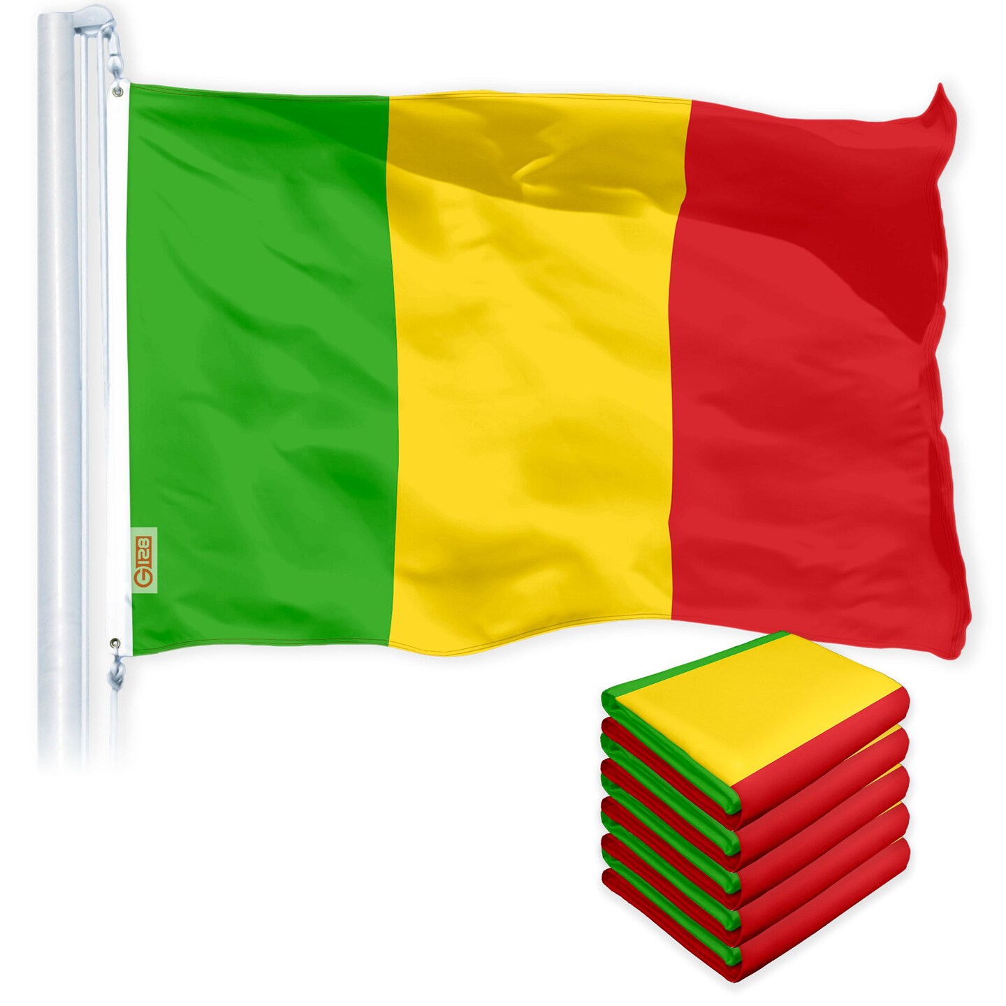 G128 5 Pack: Mali (Malian) Flag | 3x5 feet | Printed 150D Indoor/Outdoor, Vibrant Colors, Brass Grommets, Quality Polyester, Much Thicker More Durable Than 100D 75D Polyester