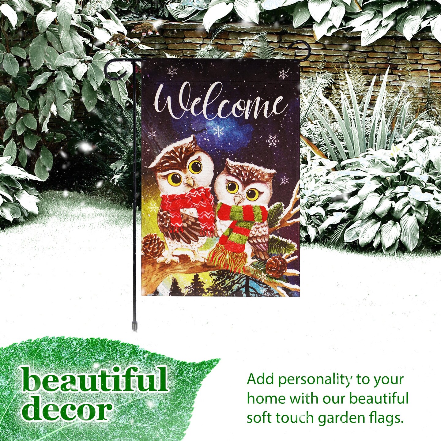 G128 Combo Pack: Garden Flag Stand Black 36 in x 16 in & Garden Flag Winter Decoration Cozy Owls with Scarves 12"x18" Double-Sided Blockout Fabric