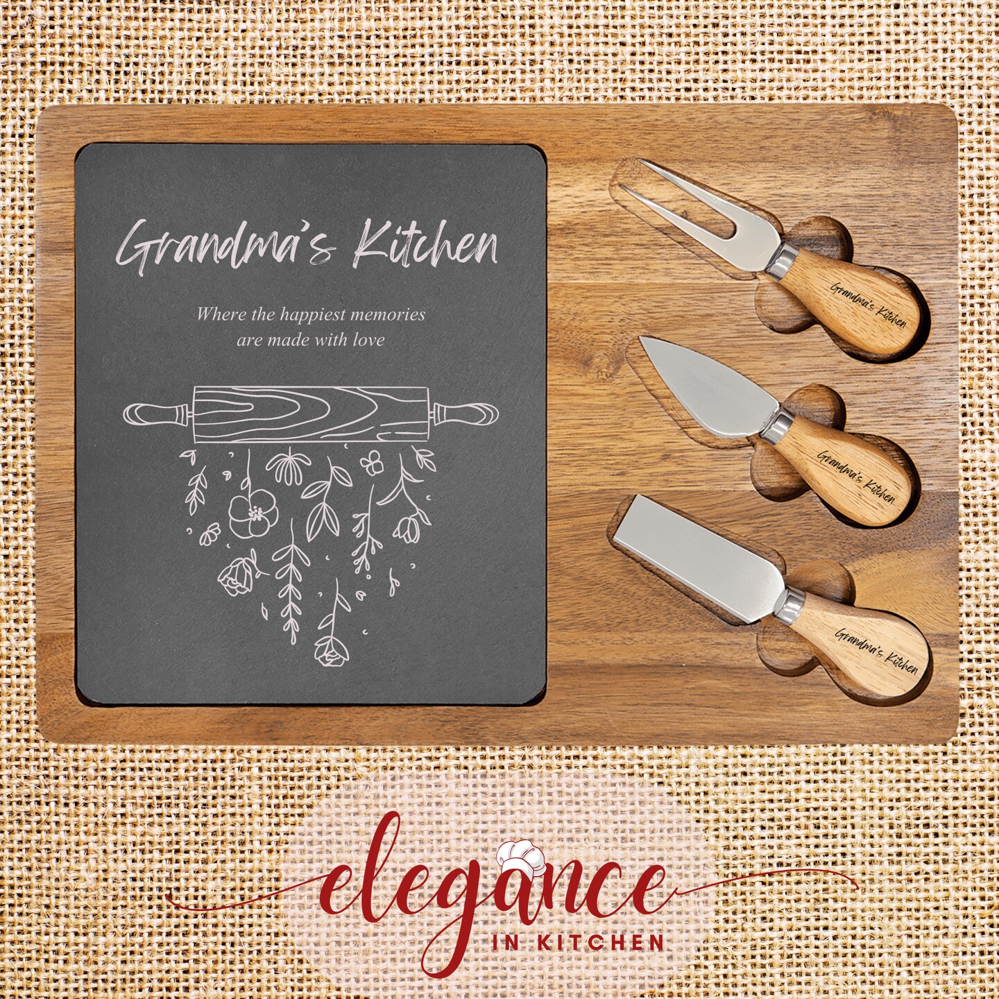 Personalized Acacia Wood Cheese Set with Three Tools, Gift for Mother ...