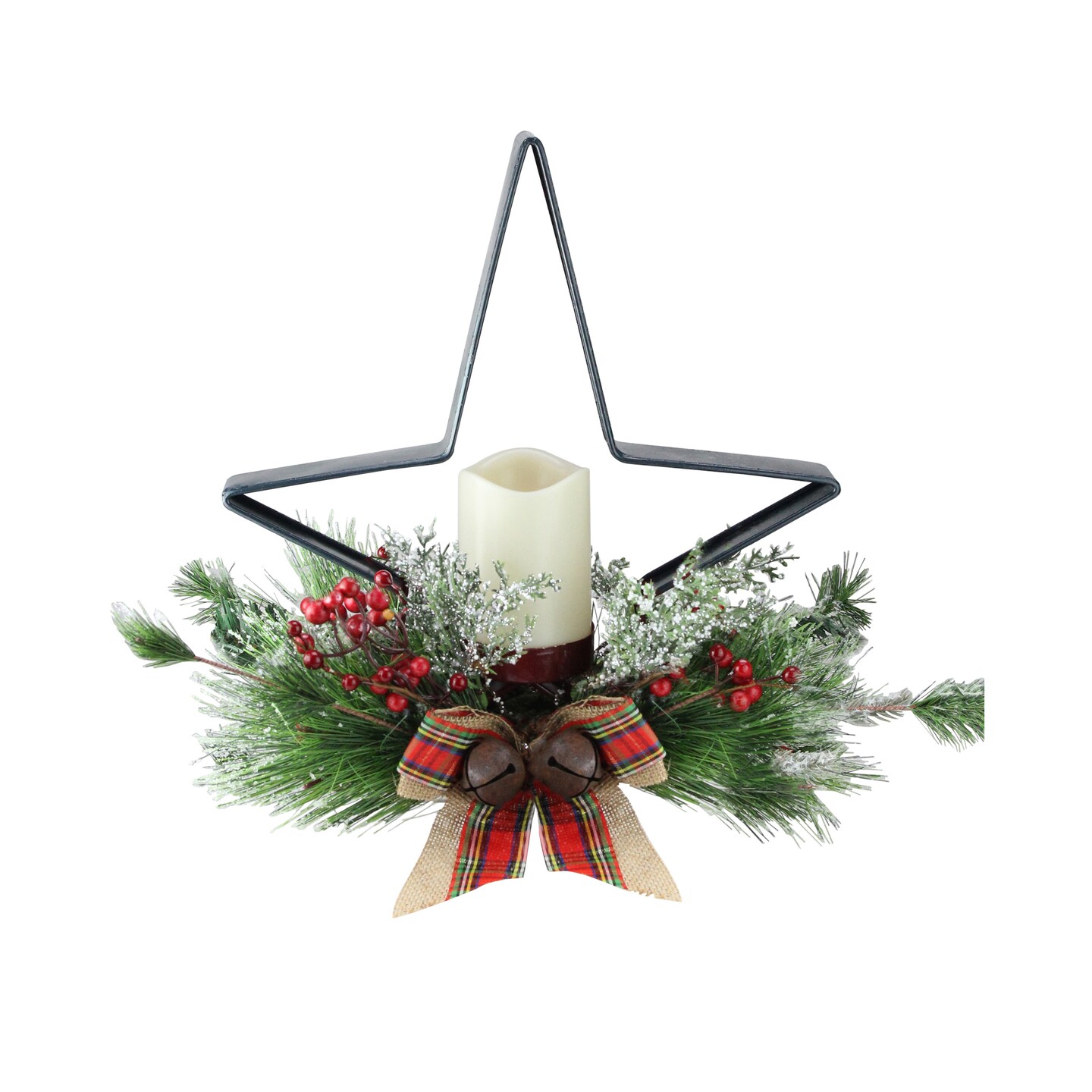 Gerson 15&#x22; Green and Ivory Pine Needle, Berry, and Jingle Bell Deep Star Shaped Candle Holder