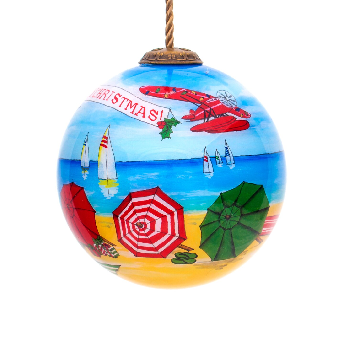 CC Christmas Decor Merry Christmas Beach Umbrella Hand Painted Glass Christmas Ball Ornament - 3”
