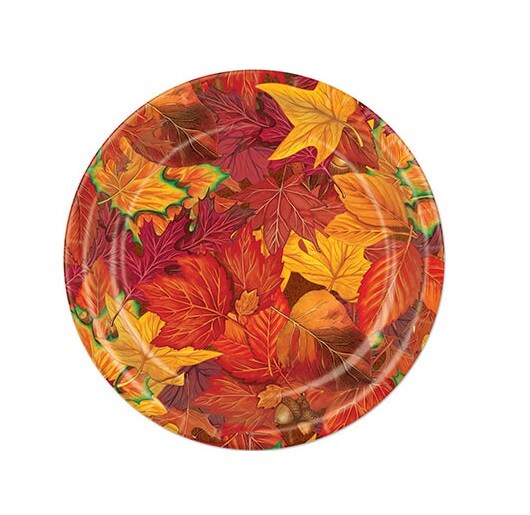 Beistle Club Pack of 96 Majestic Red and Gold Fall Leaf Thanksgiving Party Plates 9&#x22;