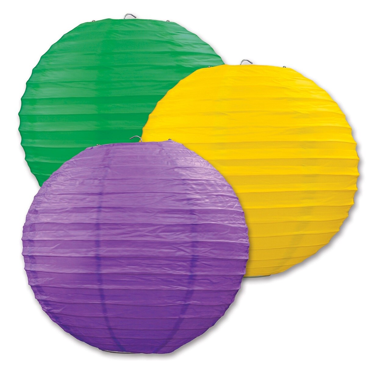 Beistle Club Pack of 18 Round Green, Yellow and Purple Hanging Paper Lanterns 9.5"