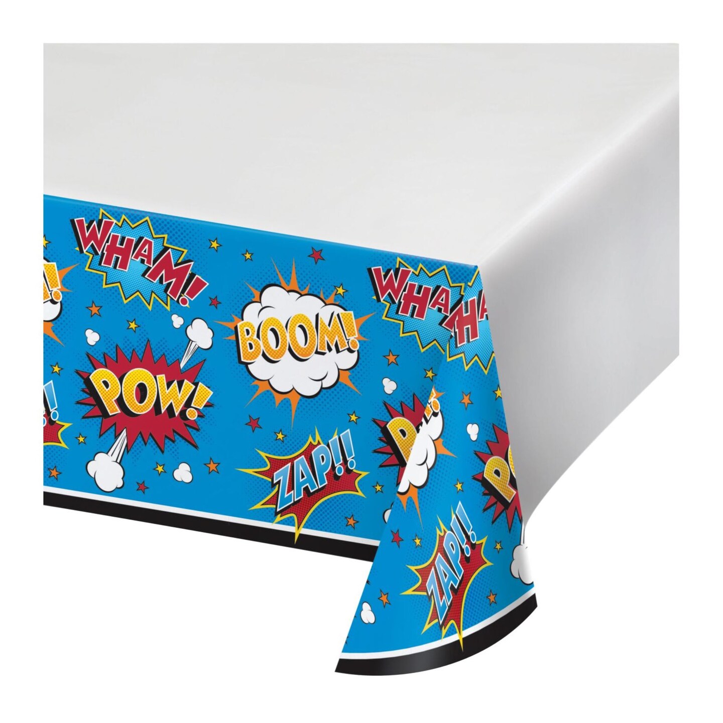 Party Central Club Pack of 12 Blue and White Superhero Slogans Tablecloths 88&#x22;
