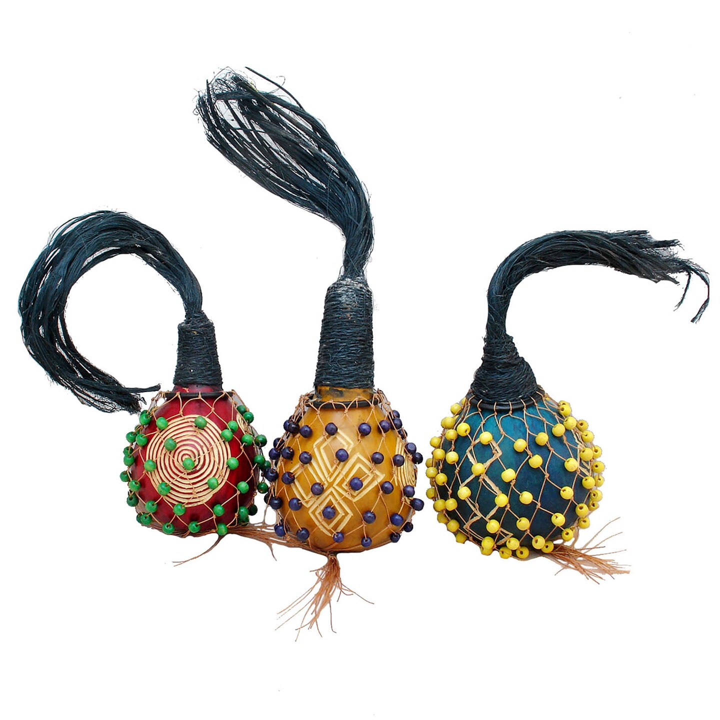 Stoneage Arts Inc 8&#x22; Unique Gourd Shakers Covered with Net of Beads and a Whisk