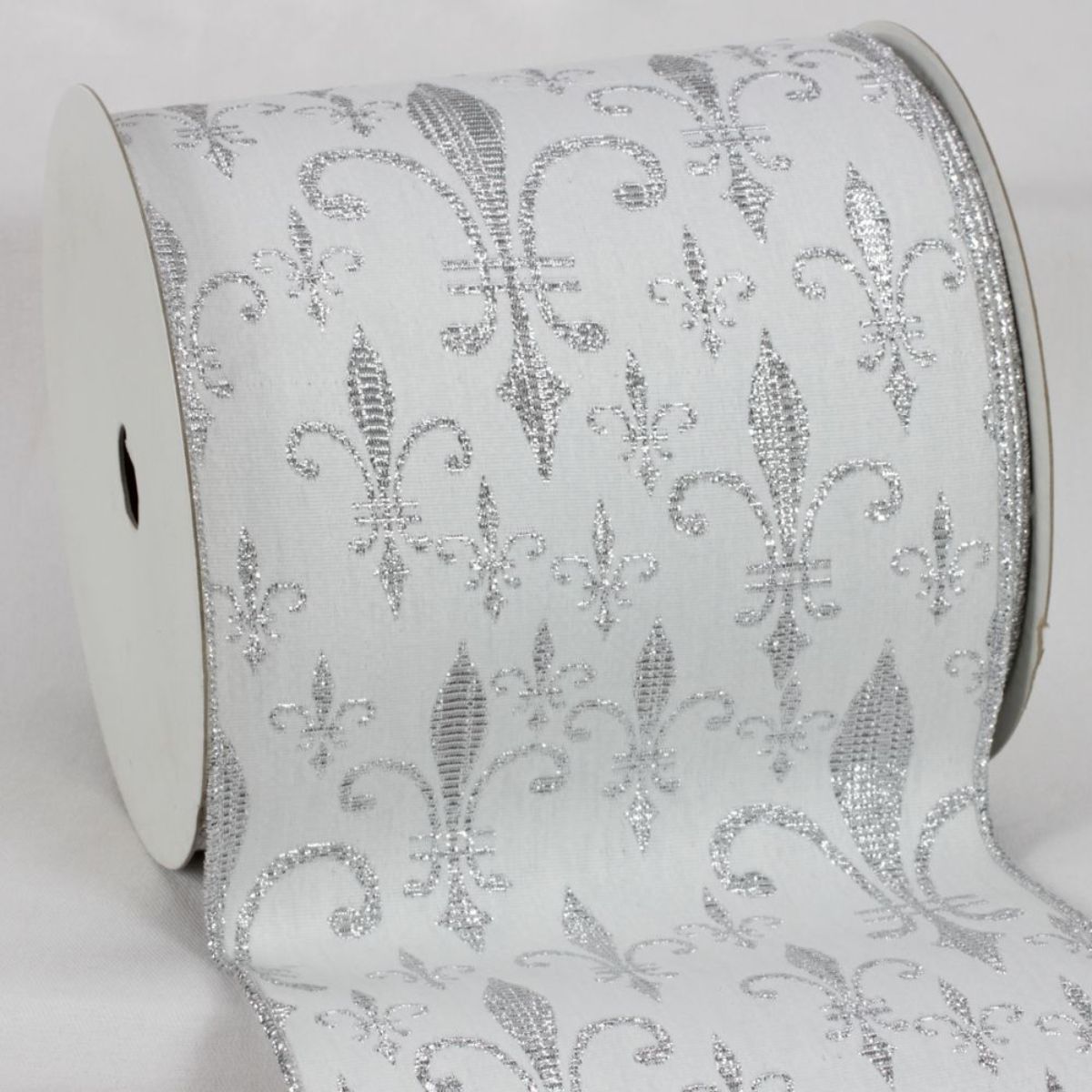 The Ribbon People White and Silver Fleur De Lis Wired Edged Craft Ribbon 6&#x22; x 20 Yards