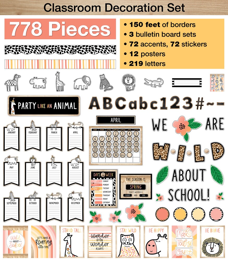 Schoolgirl Style Simply Safari Boho Decor Bundle, Birthday Decor, Classroom Calendar & Boho Classroom Bulletin Board Sets, Safari Classroom Decor Bundle, Name Plate, Sticker & Poster Set (778 pc)