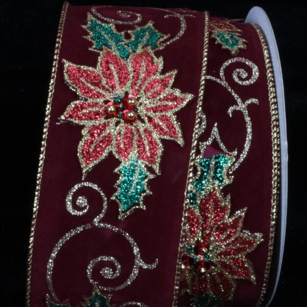 The Ribbon People Burgundy Red and Green Poinsettia Appliques Wired Craft Ribbon 2.5" x 10 Yards
