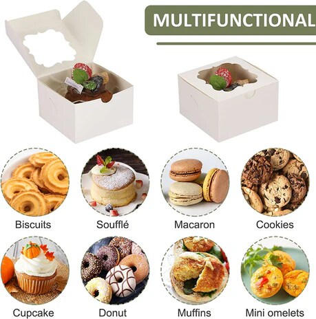 Cookies and Desserts 4 x 4 x 2.5" White Bakery Boxes with Window Pastry Boxes for Cakes