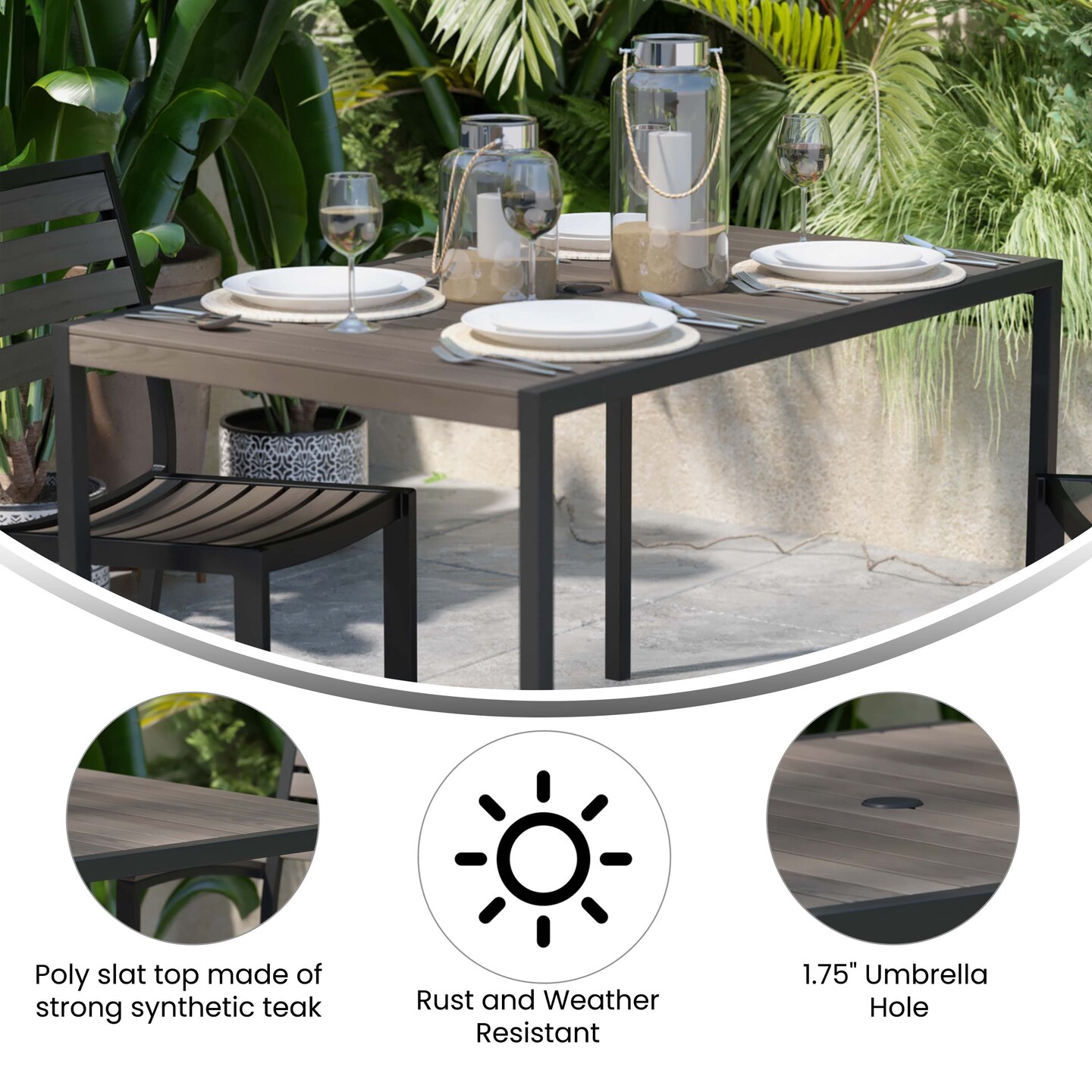 Merrick Lane Outdoor Dining Table with Faux Teak Poly Slat Top and Powder Coated Steel Frame