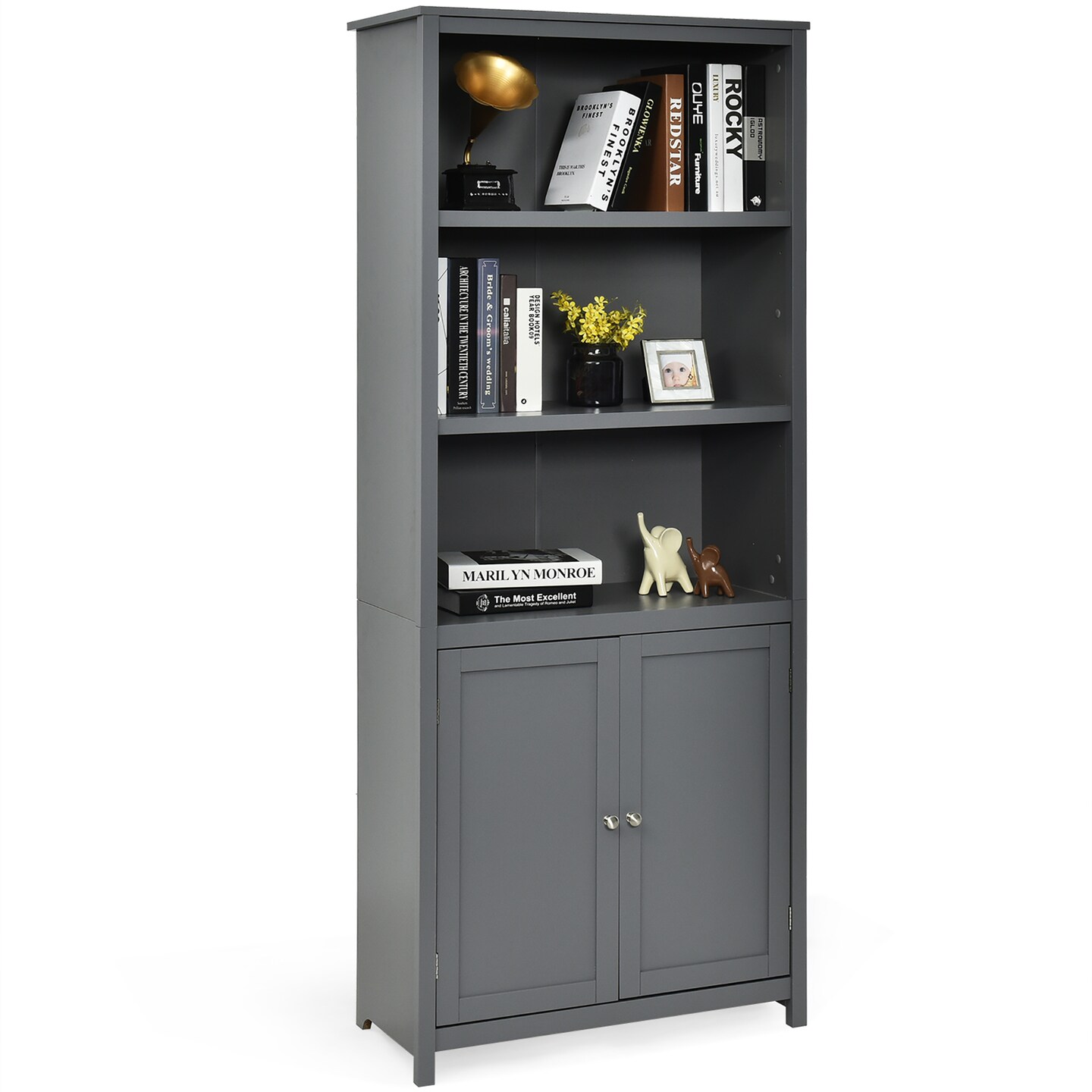 Costway Bookcase Shelving Storage Wooden Cabinet Unit Standing Bookcase W/Doors Gray