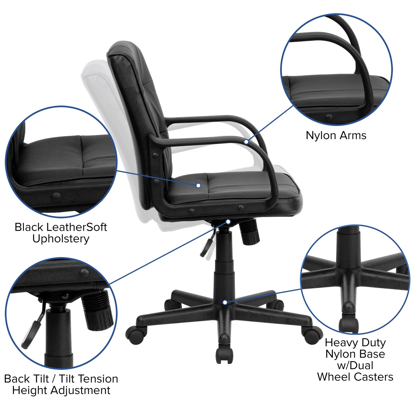 Emma and Oliver Mid-Back Leather Swivel Task Office Chair with Arms