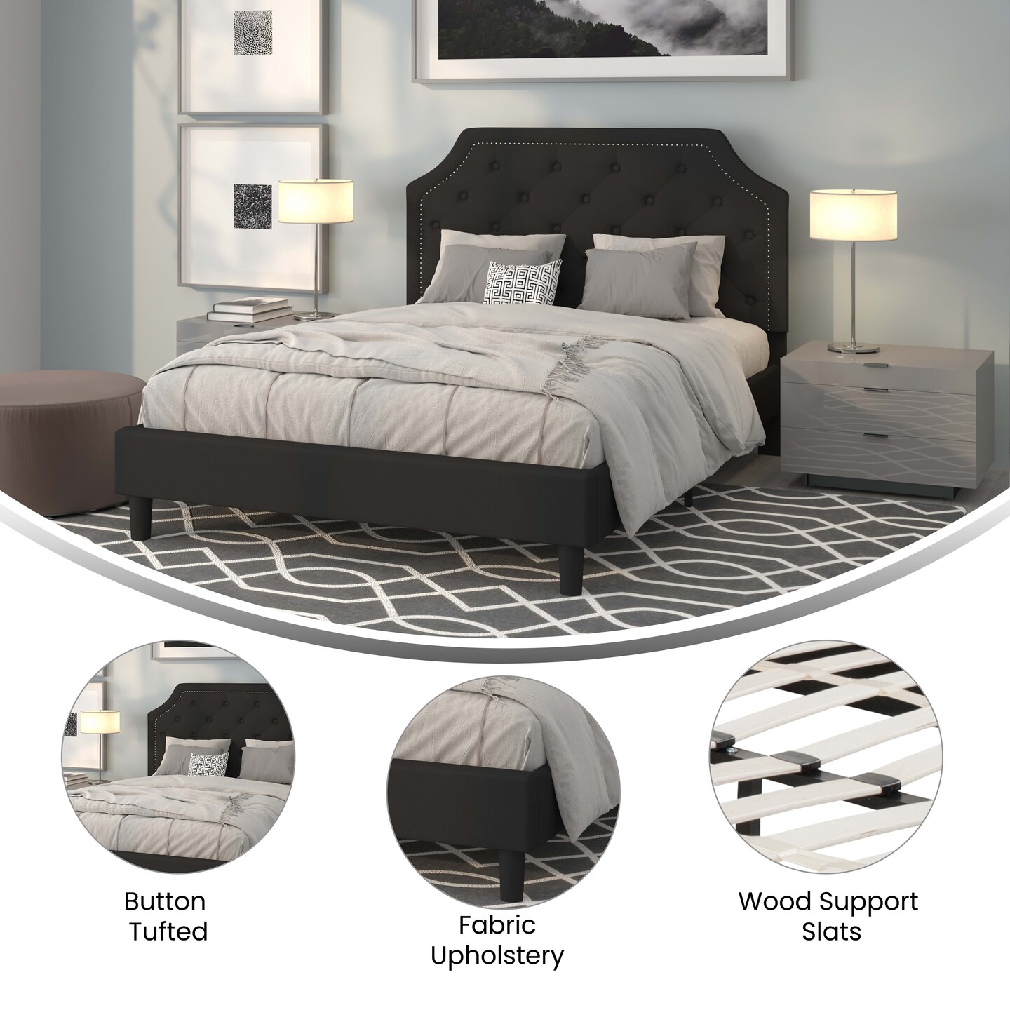 Merrick Lane Provence Platform Bed with Slatted Support Contemporary Tufted Upholstery with Accent Nail Trim