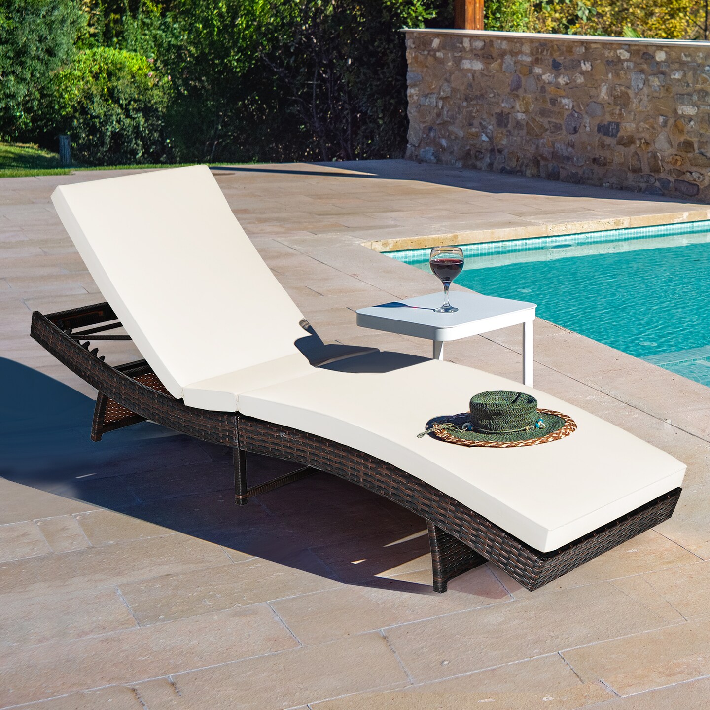 Costway Adjustable Pool Chaise Lounge Chair Outdoor Patio Furniture PE Wicker W/Cushion