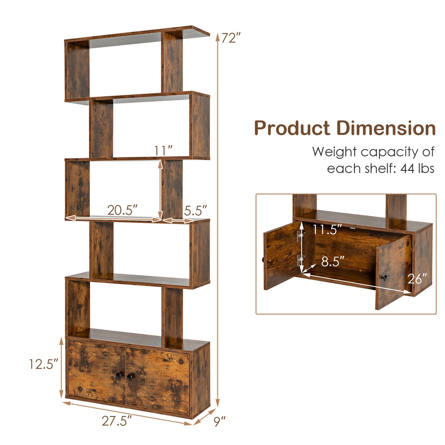 Engineered Wood S-Shaped Bookshelf with Cabinet and Doors