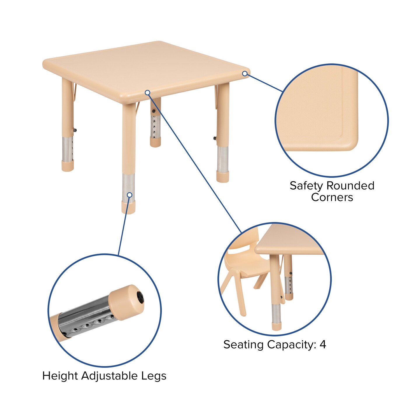 Emma and Oliver 24&#x22; Square Plastic Height Adjustable Activity Table Set with 2 Chairs