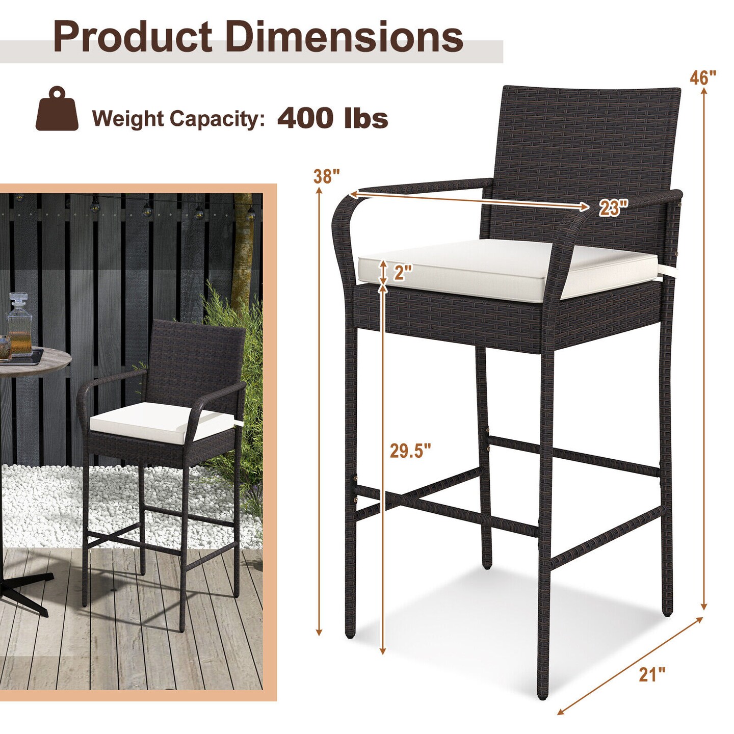 Patio PE Rattan Barstool Set with Armrests and Removable Seat Cushions Ideal for Outdoor Use